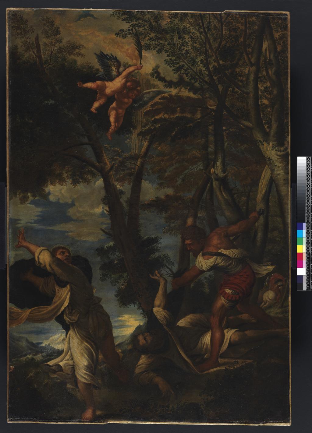 An image of Death of St Peter Martyr. Tiziano Vecellio, copy after (Titian, Italian, 1489/90-1576). Oil on canvas, height 123.8 cm, width 84.2 cm. Venetian School. 17th Century.