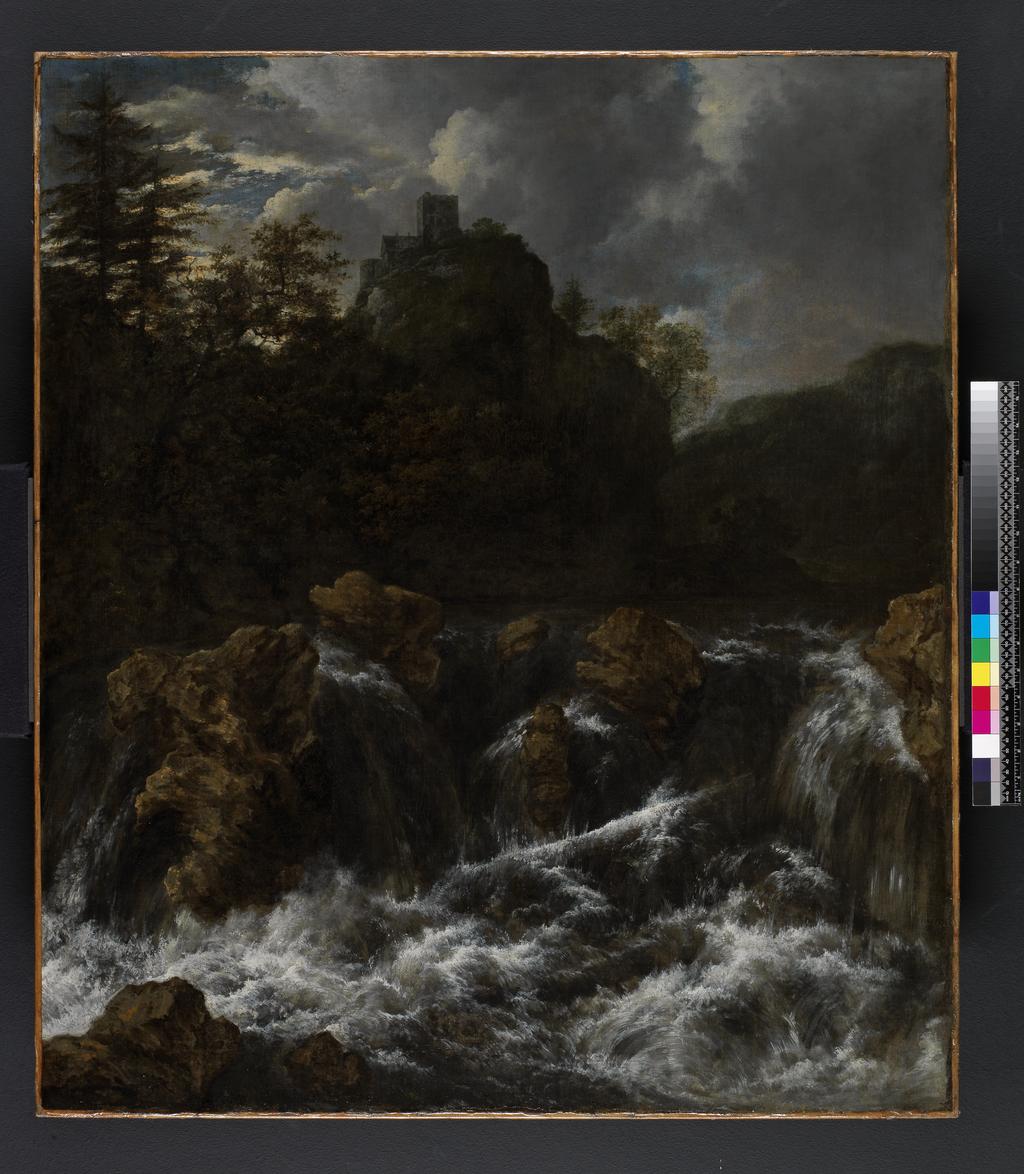 An image of Landscape with waterfall. Ruisdael, Jacob van (Dutch, 1628/9(?)-1682). Oil on canvas, height 100 cm, width 86.5 cm.
