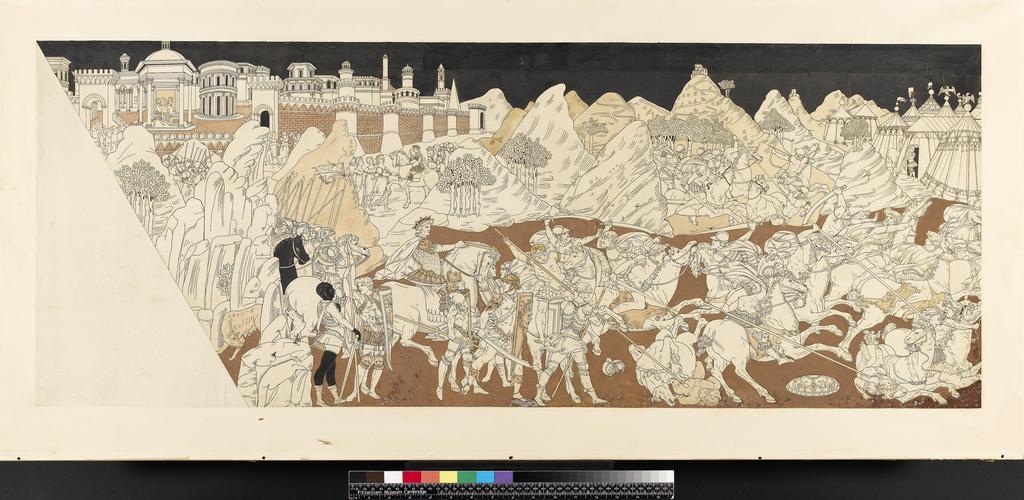 An image of Title/s: The story of Jephtha's Victory and the Sacrifice of his daughter Maker/s: Maccari, Leopoldo (draughtsman) [ULAN info: Italian artist, 1850-1894?]Technique Description: pen and black ink, yellow-brown, pinkish-brown and black wash on lightly squared paper Dimensions: height: 451 mm, width: 1167 mm