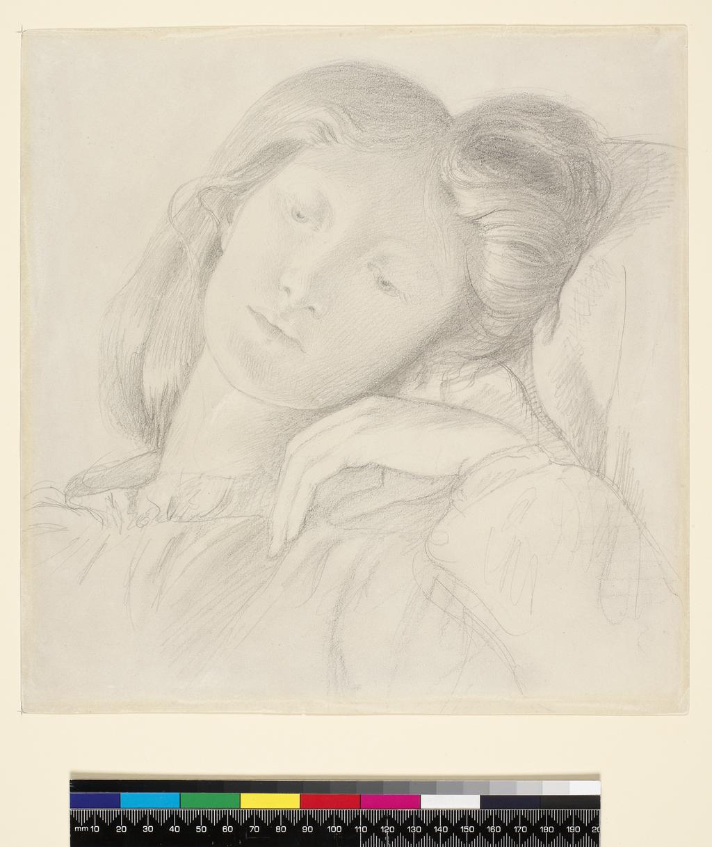 An image of Elizabeth Siddal. Rossetti, Dante Gabriel (British, 1828-1882). Graphite on paper, height 258 mm, width 252 mm, 1860.