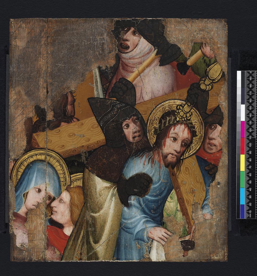 An image of Christ Bearing the Cross. Unknown, English.Tempera on panel, height 33.1 cm, width 29.9 cm, circa 1400-1425.