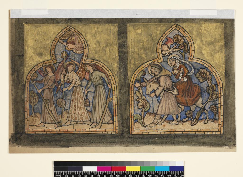 An image of The Flight into Egypt. Burne-Jones, Edward (British, 1833-1898). Watercolour and black ink over graphite, on two sheets each with trefoil cusped top, and pasted on to a card with decorated borders in watercolour, height, each sheet, 155 mm, width, each sheet, 132 mm; height, card size, 226 mm, width, card size, 355 mm, 1862. Notes: Stained glass designs for The church of Saints Michael and all Angels, Brighton.