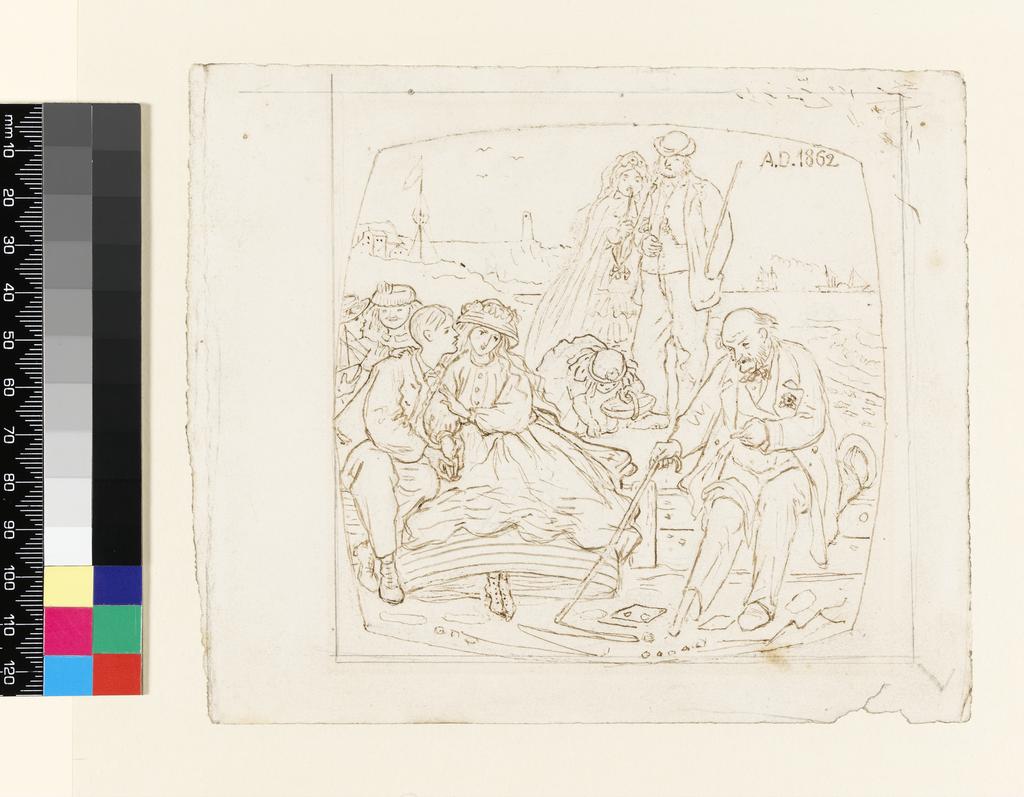 An image of The Story of the Battle (to his Grand-daughter), in 1860. Brown, Ford Madox (British, 1821-1893). One of 7 designs for the panels of a bookcase. Pen and sepia ink, with traces of graphite, drawn within a curved rectangle on paper, stuck down, height 140 mm, width 163 mm.