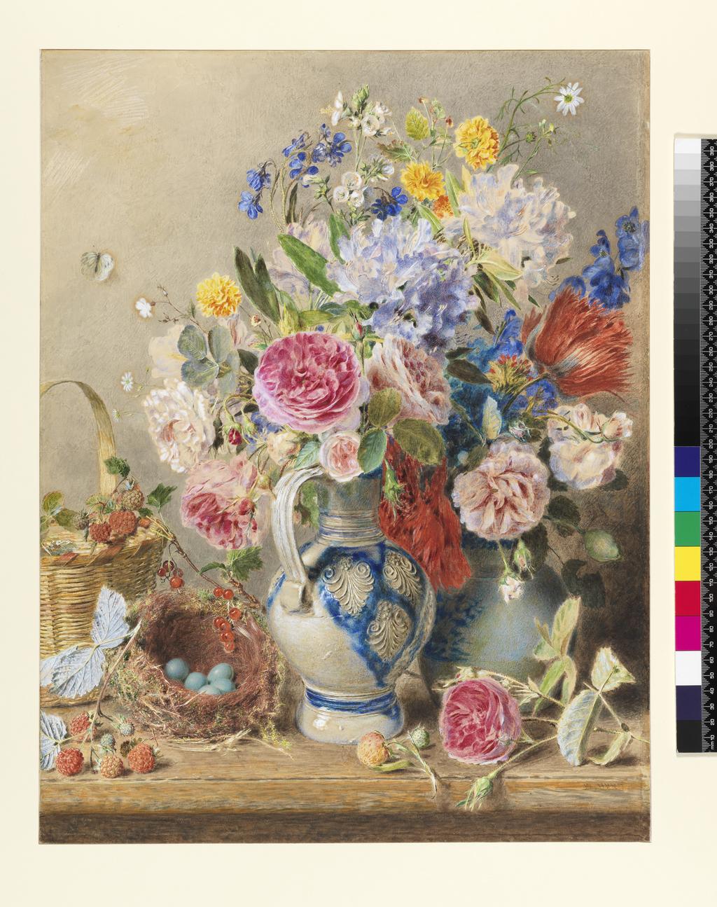 An image of Study of flowers. Hunt, William Henry (British, 1790-1864). Watercolour heightened with white, on paper, height 506 mm, width 388 mm, circa 1850.