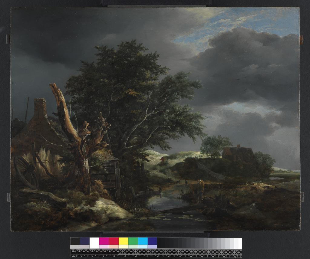 An image of Landscape with a blasted tree near a house. Ruisdael, Jacob van (Dutch, 1628/9(?)-1682). Oil on panel, height 52.7 cm, width 67.6 cm, circa 1645.
