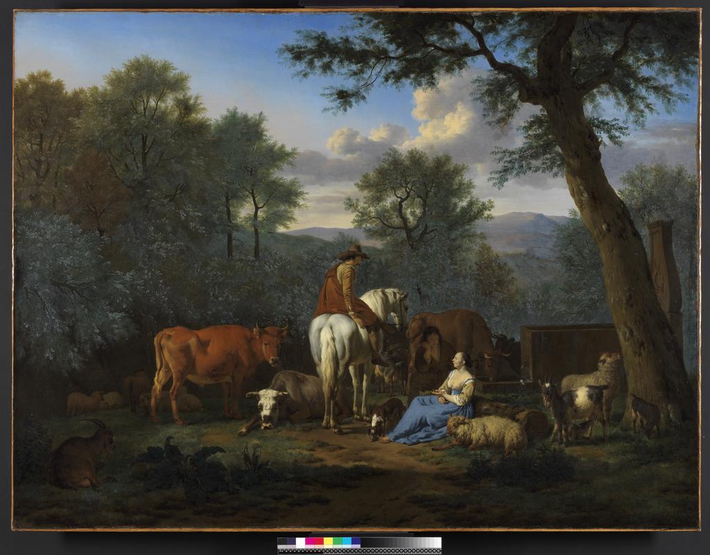 An image of Landscape with cattle and figures. Velde, Adriaen van de (Dutch, 1636-1672). Oil on canvas, height 125.7 cm, width 167.0 cm, 1664.