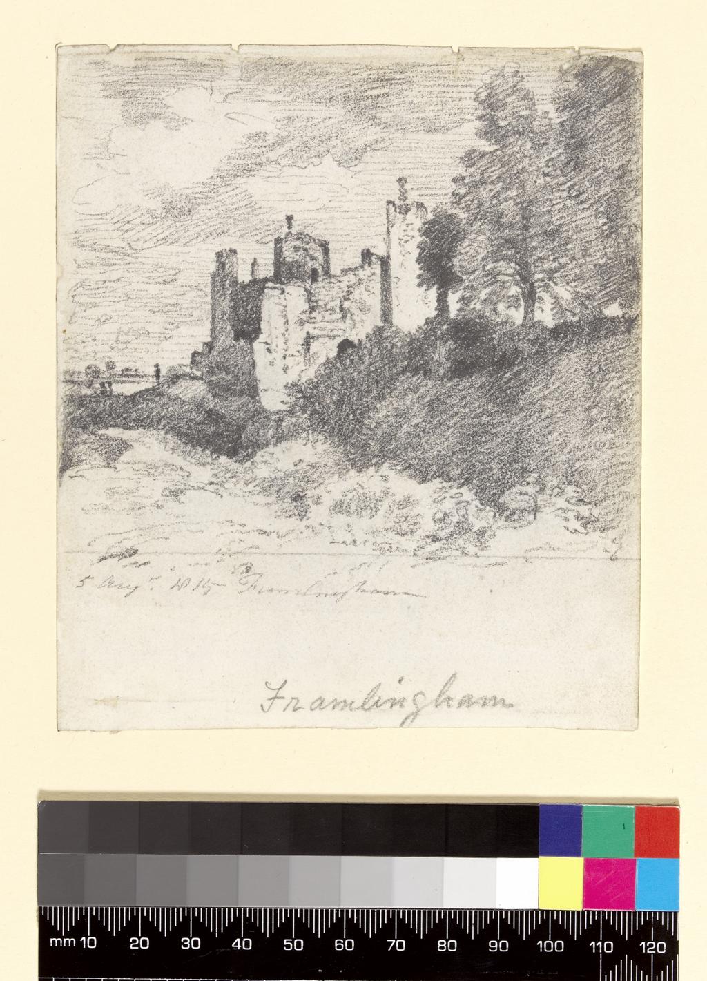 An image of Framlingham Castle from the South West (recto title). A very faint drawing of a woman resting her left hand on her right arm, probably reading a book (verso title). Constable, John (British, 1776-1837). Graphite on paper, height 134 mm, width 114 mm, 1815.