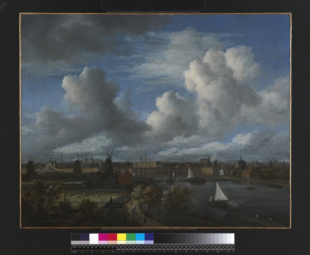 An image of Panoramic view on the Amstel looking towards Amsterdam. Ruisdael, Jacob van (Dutch, 1628/9-1682). Oil on canvas, height 52.1 cm, width 66.1 cm.