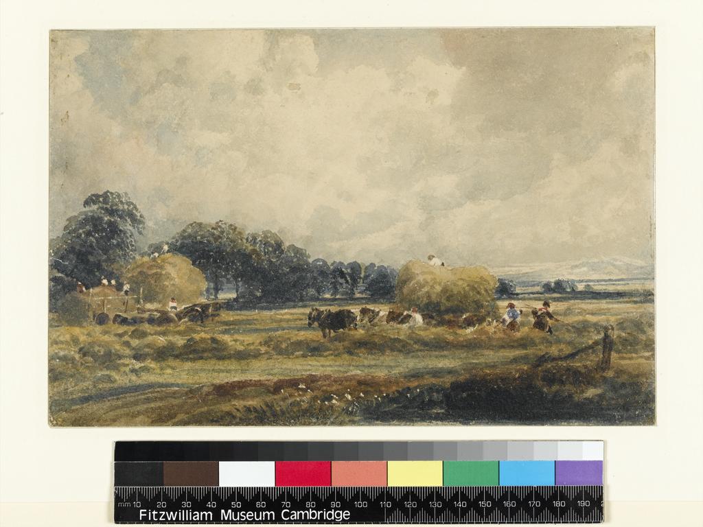 An image of Harvesting. De Wint, Peter (British, 1784-1849). Watercolour over traces of graphite, with highlights scratched in on paper, height 160 mm, width 245 mm. Late 1830s; early 1840s.