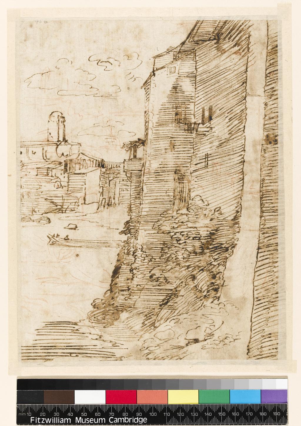 An image of Title/s:A view across the Tiber in Rome (recto title)  Maker/s: Peruzzi, Baldassare attributed to (draughtsman) [ULAN info: Italian artist, 1481-1536]Technique Description: pen and sepia (some traces of red chalk, verso), on paper Dimensions: height: 195 mm, width: 256 mm