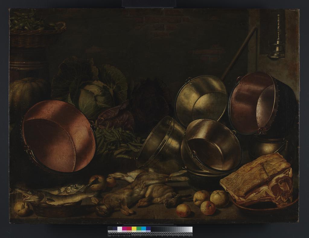 An image of Kitchen utensils, meat and vegetables. Schooten, Floris Gerritsz. van (Dutch, op.1612-1655). Oil on canvas, height 102.2 cm, width 158.1 cm, circa 1600-1610.