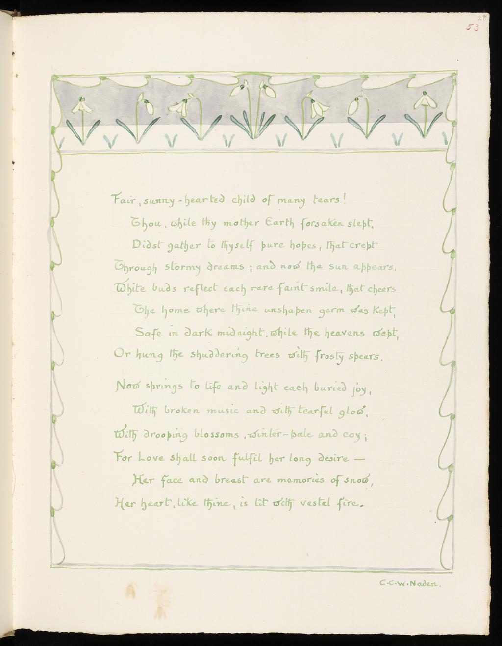 An image of Inscription surrounded by floral border: Snowdrop. Inscription surrounded by floral border: Pine. Bicknell, Clarence (British, 1842-1918). Watercolour over graphite on paper, height, leaf, 326  mm, width, leaf, 255 mm, 1908. Part of: A Posy. Vellum-bound sketchbook containing leaves with an index at the end. Cover with brown leather ornamentation and remains of vellum closure straps. Inscription(s): Recto, upper right; watercolour; 53. Recto; watercolour; Fair, sunny-hearted child of many tears! / Thou, while thy mother Earth forsaken slept, / Didst gather to thyself pure hopes, that crept / Through stormy dreams; and now the sun appears, / White buds reflect each rare faint smile, that cheers / The home where thine unshapen germ was kept, / Safe in dark midnight, while the heavens wept, / Or hung the shuddering trees with frosty spears. / Now springs to life and light each buried joy, / With broken music and with tearful glow, / With drooping blossoms, winter-pale and coy; / For Love shall soon fulfil her long desire- / Her face and breast are memories of snow, Her heart, like thin, is lit with vestal fire. / C.C.W. Naden. Verso; watercolour; The elm lets fall its leaves before the frost, / The very oak grows shivering and sere, / The trees are barren when the summer's lost: / But one tree keeps its goodness all the year. / Green pine, unchanging as the days go by, / Thou art thyself beneath whatever sky: / My shelter from all winds, my own strong pine, / 'Tis spring, 'tis summer still, while thou art / mine. / A. Webster.