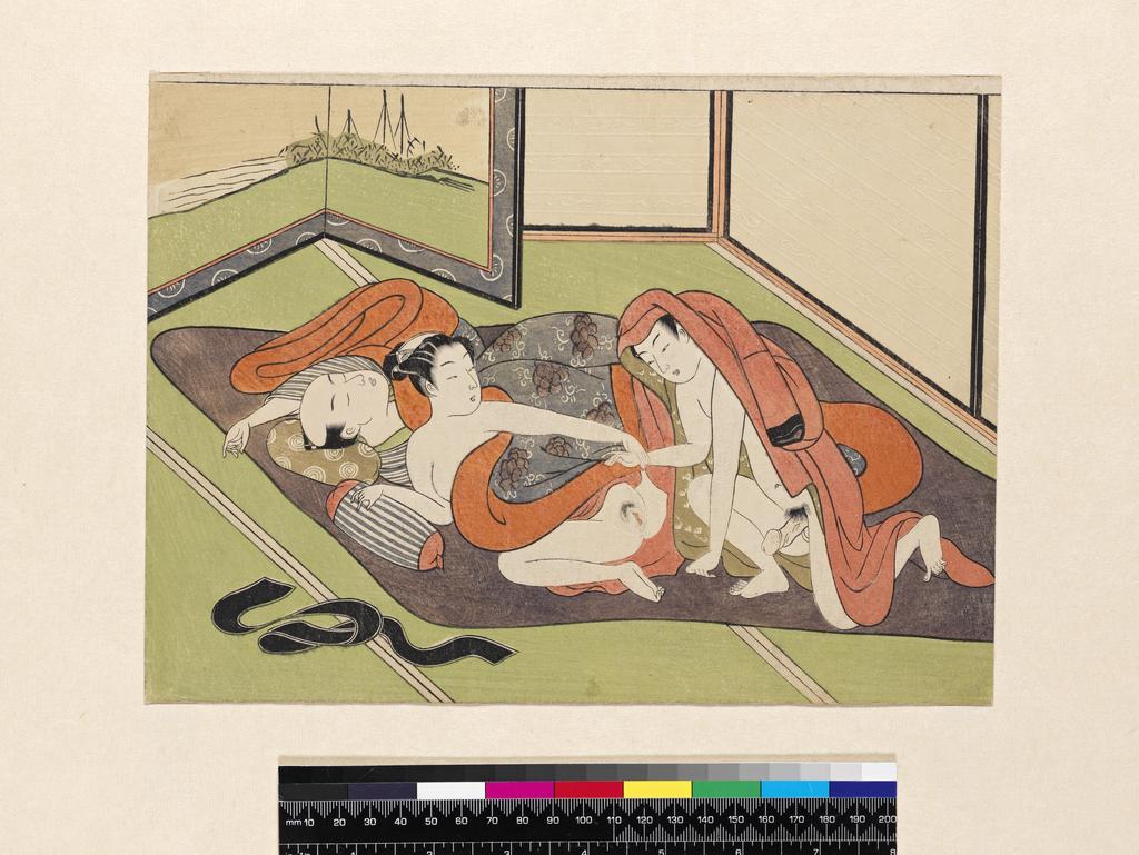 An image of Lovers in an interior. Harunobu, Suzuki (Japanese, 1724-1770). Colour print from woodblocks with blind embossing (kimedashi and karazuri). Chûban format. circa 1770.