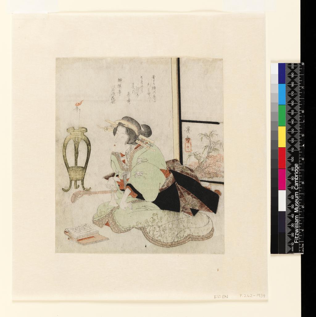 An image of Woman reading and holding a bachi. Surimono. Eisen, Keisai (Japanese, 1790-1848). Woodcut, colour printing. Ukiyo-e.
