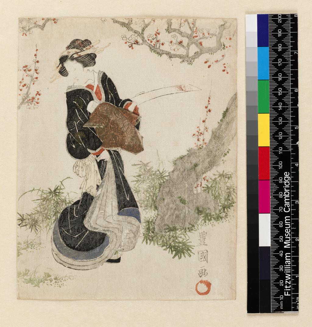 An image of A woman about to hang a tanzaku on a flowering plum. Toyokuni, Utagawa (Japanese, 1769-1825). Surimono, colour woodblock print. Ukiyo-e.