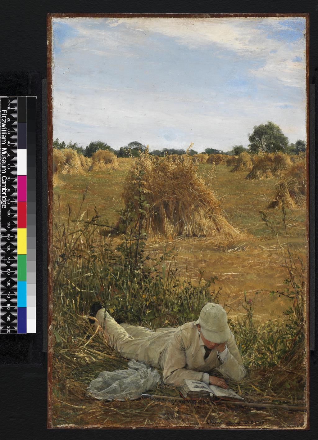 An image of 94 Degrees in the Shade. Alma-Tadema, Lawrence (British, 1836-1912). Oil on canvas laid down on panel, height 35.3 cm, width 21.6 cm, 1876. Notes: The scene shows a cornfield at Godstone, Surrey, with the donor, at that date aged seventeen, lying in the foreground.