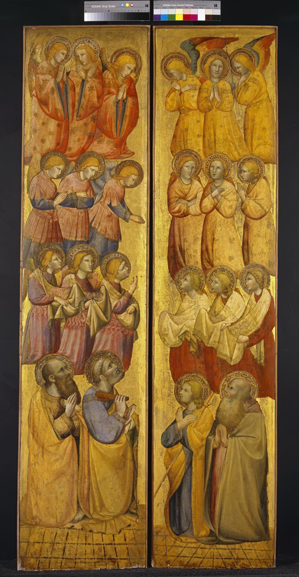 An image of Olivuccio di Cicarello (c.1365-1439). Left hand panel/1061A: St Peter and St Paul with Angels, c.1400. Tempera with gold on panel. Right hand panel/1061B: St James and possibly St Andrew with Angels, c.1400. Tempera with gold on panel.