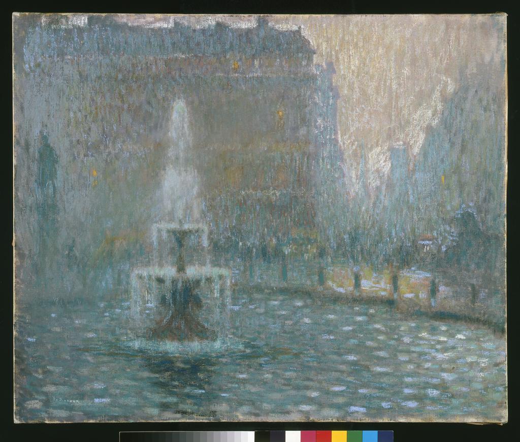 An image of Trafalgar Square. Le Sidaner, Henri Eugène (French, 1862-1939). Pastel mixed with water on a partially primed canvas. 59.1 cm x 72.7 cm.