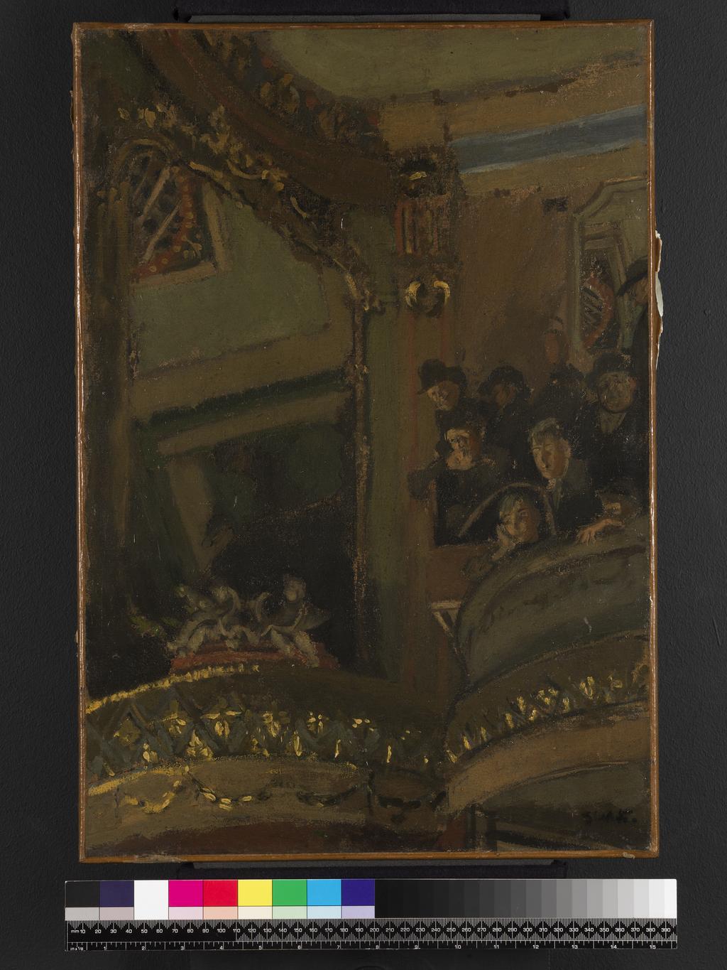An image of The Old Bedford Music Hall. Sickert, Walter Richard. Oil on canvas, height 54.9 cm, width 38.1 cm, 1894-1895.