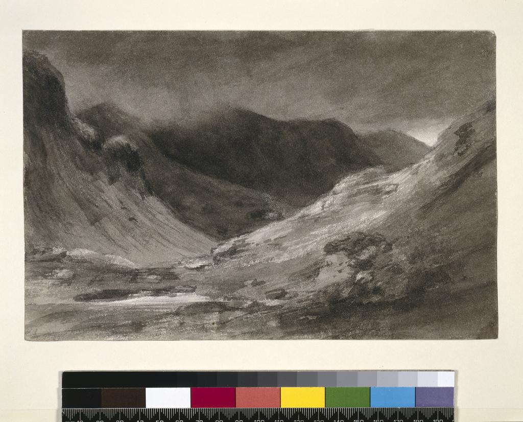 An image of Recto: The Vale of Newlands: very stormy afternoon. Verso: Slight sketch of a view in the Lakes and another sketch in a circular format. Constable, John (British, 1776-1837). Recto: grey wash and graphite on paper (recto), height 155 mm, width 239 mm, 1806.