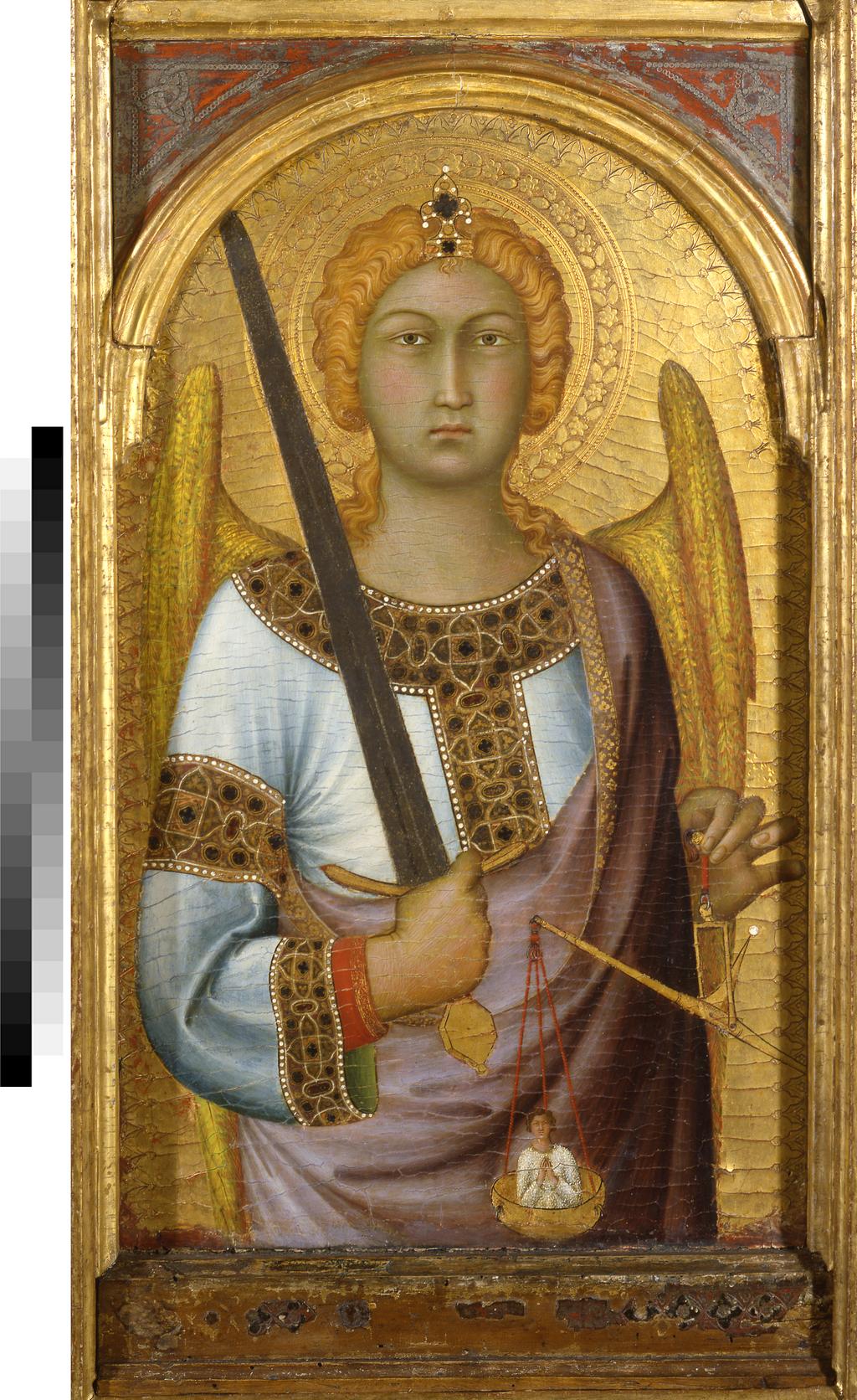 An image of St Geminianus, St Michael and St Augustine, each with an Angel above. Simone Martini and workshop (Italian, 1280/5(?)-1344). Tempera with gold on panel, height (left wing) 109.25 cm, width 38.25 cm, height (central panel) 110.25 cm, width 38.25 cm, height (right wing) 110.5 cm, width 38.25 cm, circa 1319.