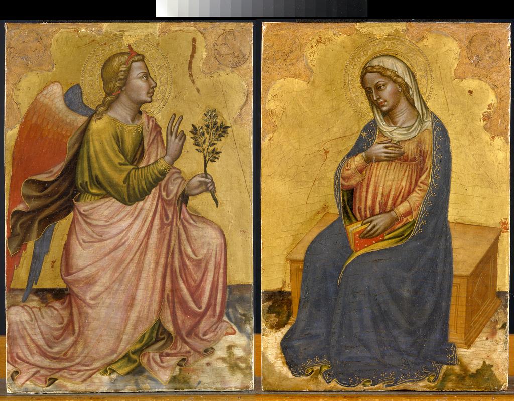 An image of The Annunciation. Two separate panels. Martino di Bartolomeo di Biagio (Italian, op.1389-, d.1434). Tempera with gold on panel, height (Angel Gabriel) 35.8 cm, width 23.4 cm; height (Virgin Mary) 35.8 cm, width 24.8 cm, c.1402-1404. Sienese School.