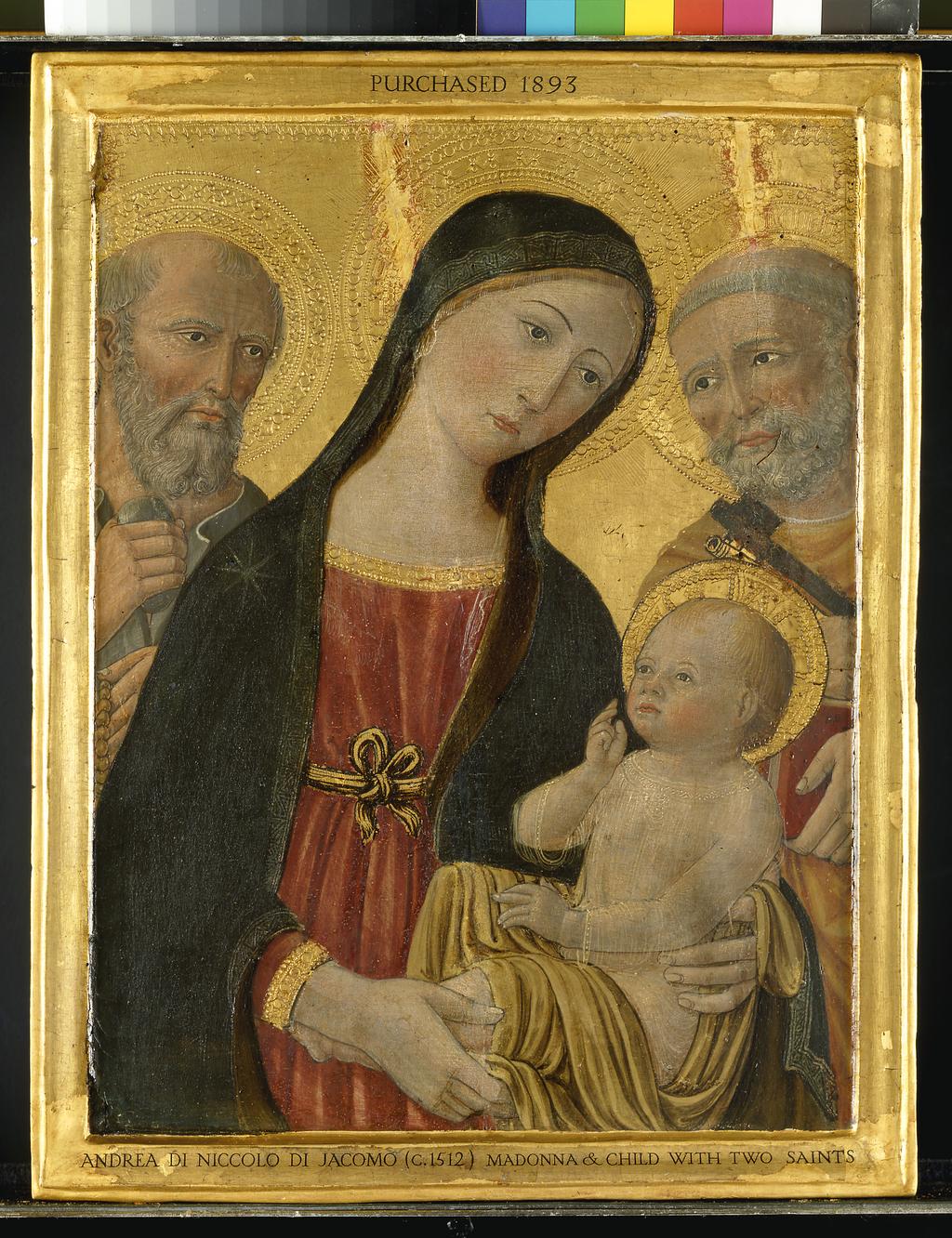 An image of Virgin and Child between St Jerome and St Peter. Andrea di Niccolà di Giacomo (Italian, op.1424-1455). Tempera and gold on panel, height 53 cm, width 41 cm, circa 1500. Sienese School.