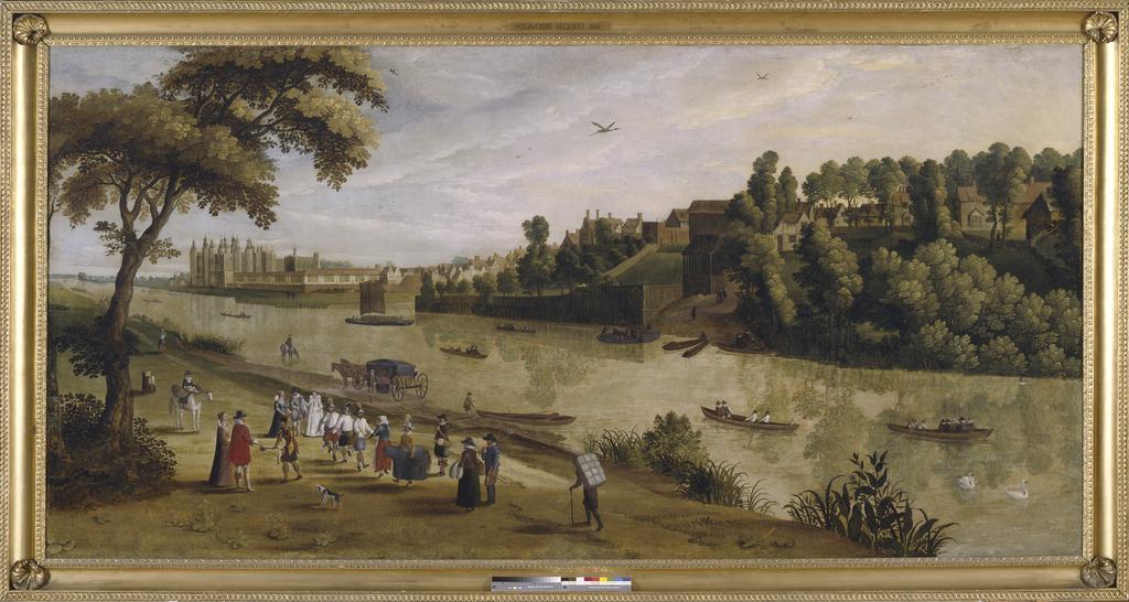 An image of The Thames at Richmond, with the Old Royal Palace. Unknown, Flemish School. Oil on canvas, height 152.1 cm, width 304.2 cm. Early 17th Century. Companion picture to no. 95.
