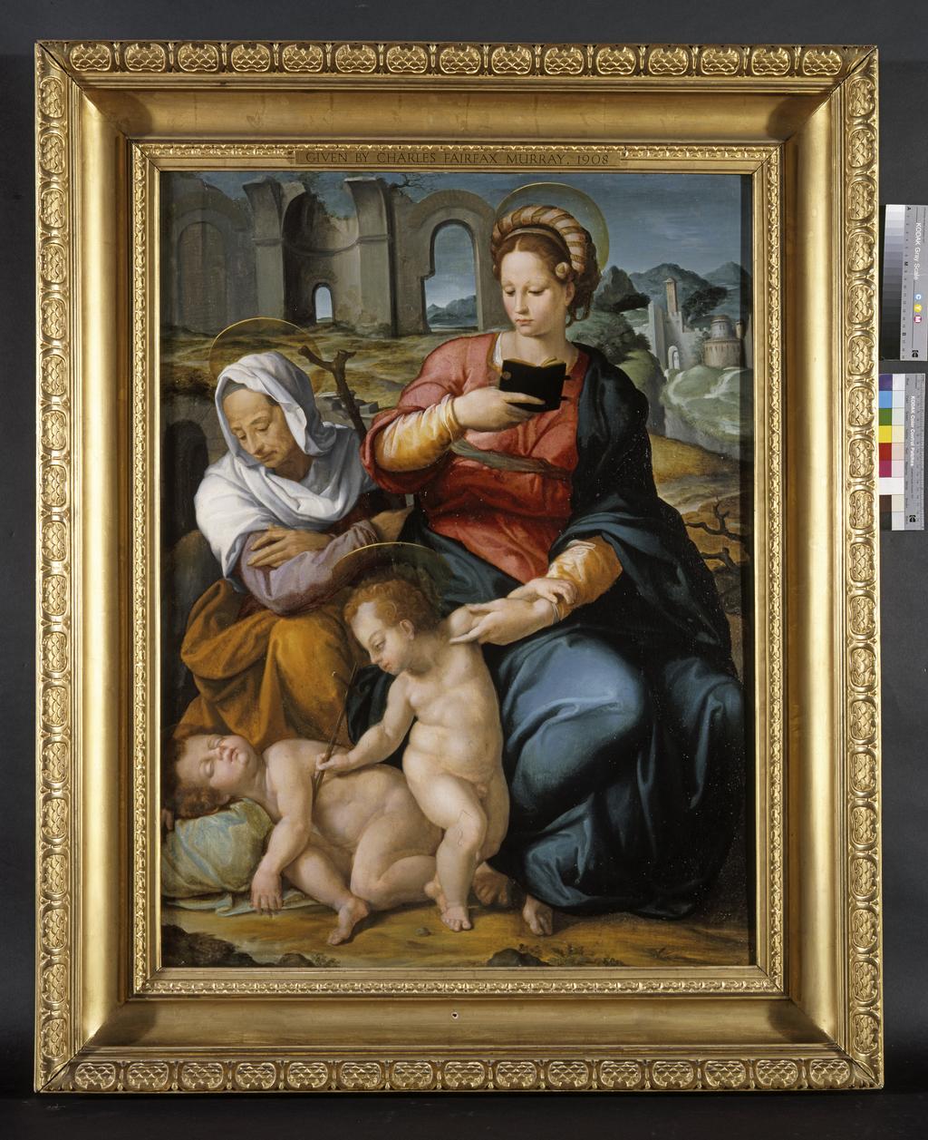 An image of The Virgin and Child with St Elizabeth and the infant Baptist. Jacopino del Conte, attrib. (Italian, 1510-1598). Oil on panel, height, 100.3 cm, width, 76.7 cm, height, frame, 128.7 cm, width, 103.8 cm, depth, 15 cm.  Florentine School.