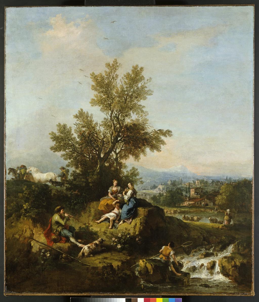 An image of Italianate wooded river landscape with a piping shepherd, two women and a child. Zuccarelli, Francesco (Italian, 1702-1788). Oil on canvas, height 105.5 cm, width 89.5 cm.