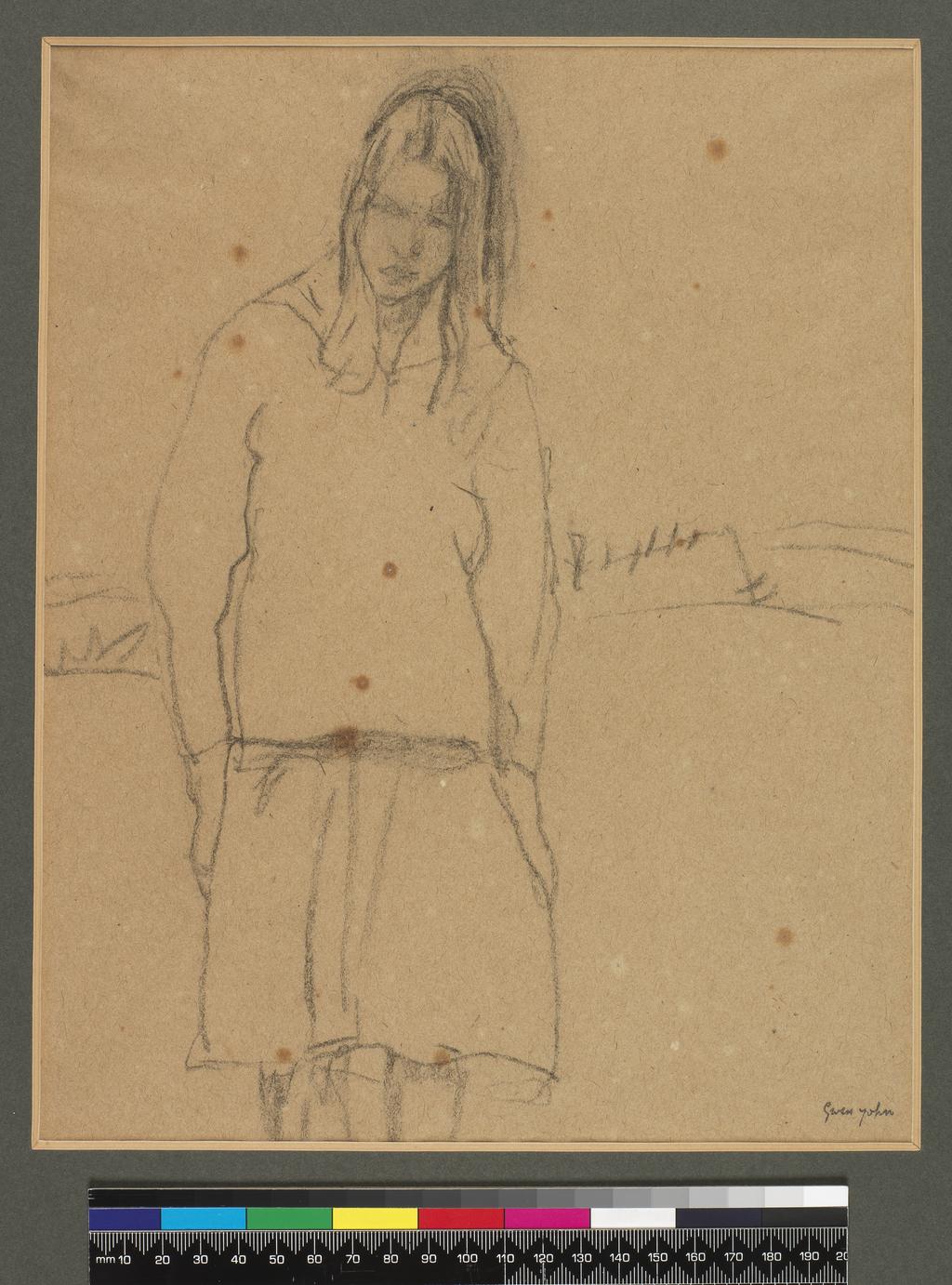 An image of An adolescent girl, standing in a landscape. John, Gwen (British, 1876-1939). Charcoal on pale buff paper. Batchelor Collection. Post-conservation image.