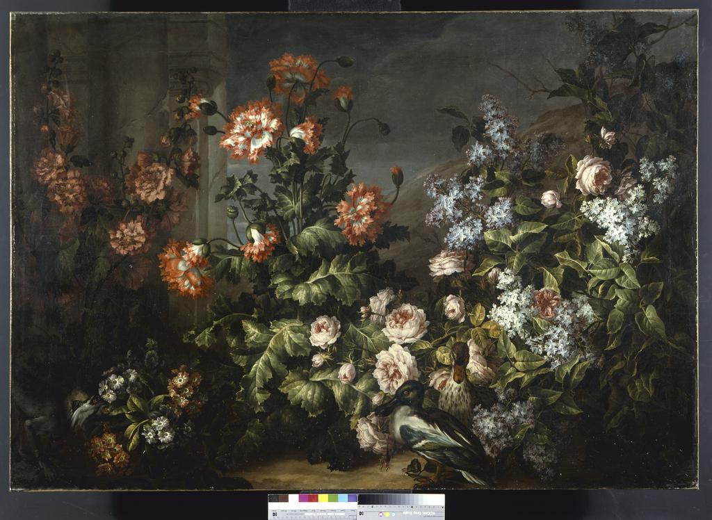 An image of A Floral Composition. Monnoyer, Jean-Baptiste I (French, 1636-1699). Possibly also Antoine Monnoyer. Oil on canvas, height 108.6 cm, width 157.5 cm, 17th Century.