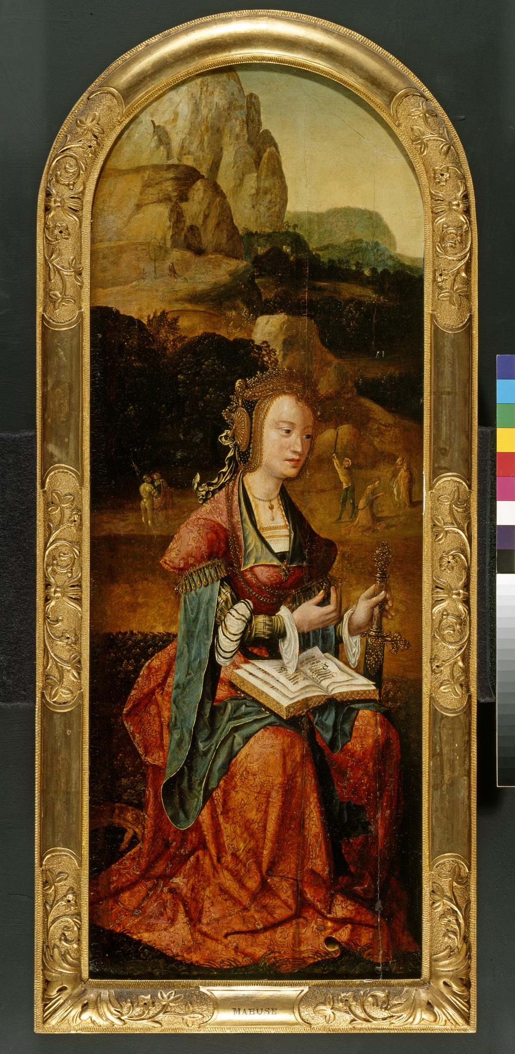 An image of St. Catherine of Alexandria. Unknown, Flemish. Oil on panel. Left wing of a triptych. For right see no. 2307. Height 86.5 cm, width 31.8 cm. Early 16th Century.