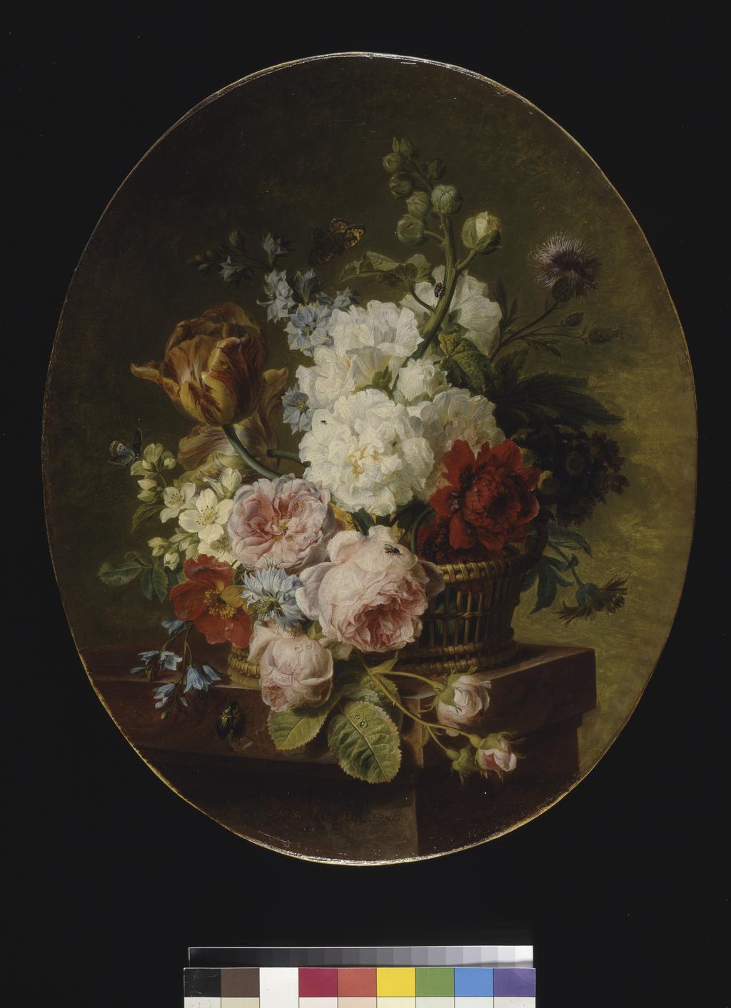 An image of Open wicker basket of mixed flowers, including tulip, roses, harebell, hollyhock, poppy, larkspur and auricula on a marble ledge. Spaendonck, Cornelis van (Dutch, 1756-1840). Oil on canvas, height 47 cm, width 38 cm, 1789. Production Note: Pendant to PD.90-1973.