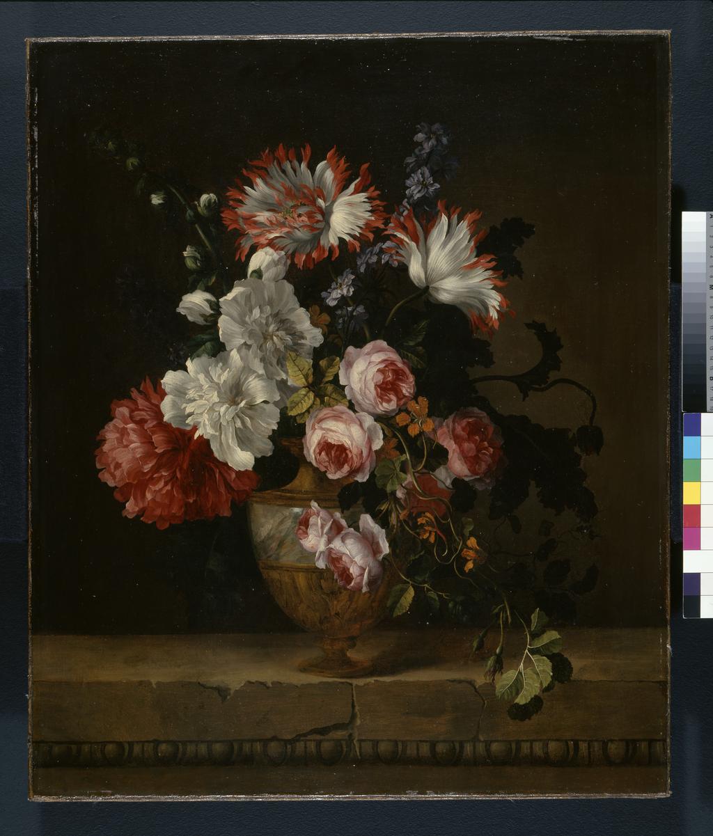 An image of A Vase of Flowers. Spaendonck, Gerard van. Dutch, 1746-1822. Oil on canvas. 76.4 cm x 64.1 cm. 18th-19th Century.