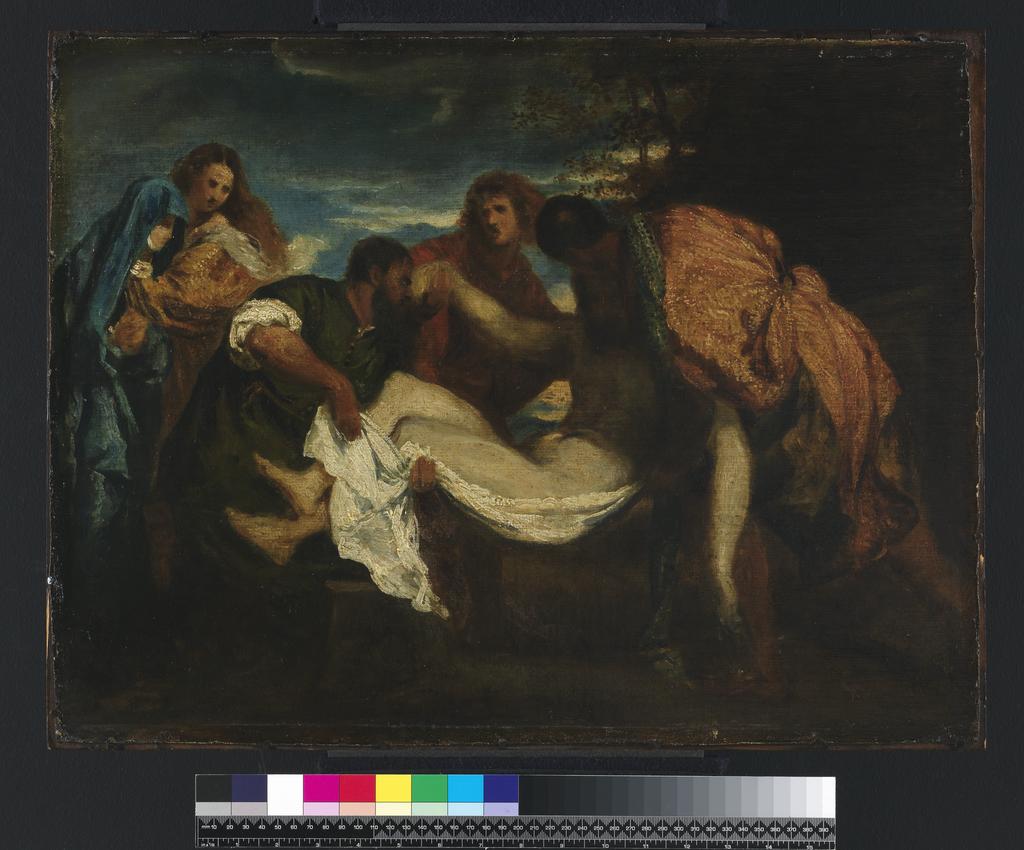 An image of The Entombment, after Titian. Fantin-Latour, Henri (French, 1836-1904). Oil on canvas, stuck down on millboard, height 44 cm, width 57.3 cm.