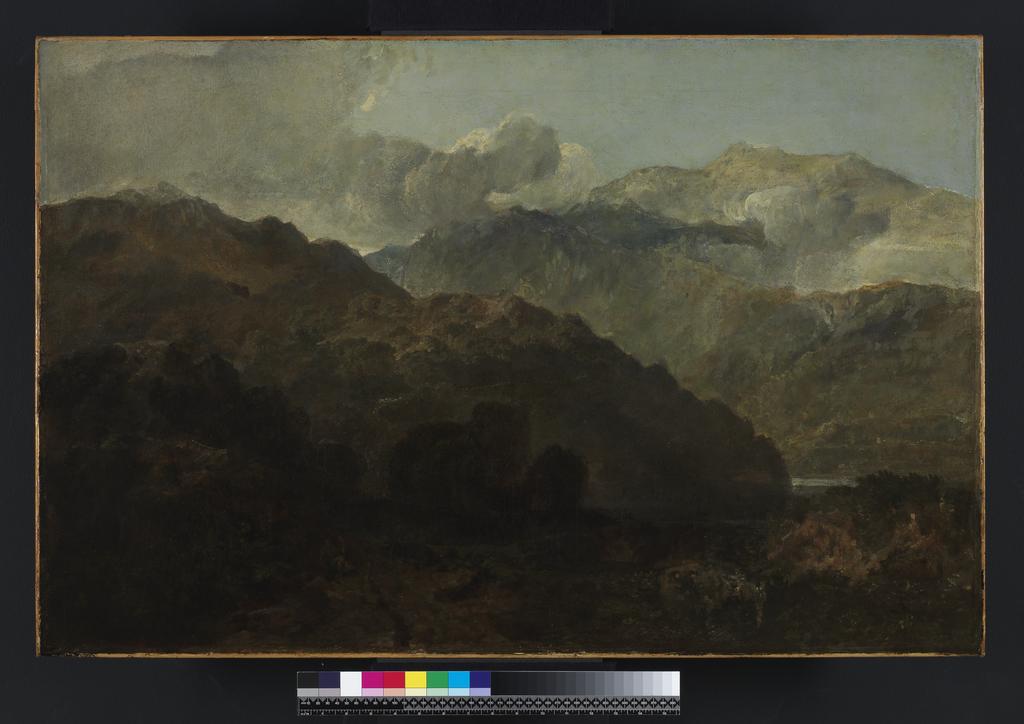 An image of Ben Lomond Mountains, Scotland: The Traveller - Vide Ossian's War of Caros. Turner, Joseph Mallord William (British, 1775-1851). Oil on canvas, height 64.1 cm, width 98.8 cm circa 1799 to 1800.