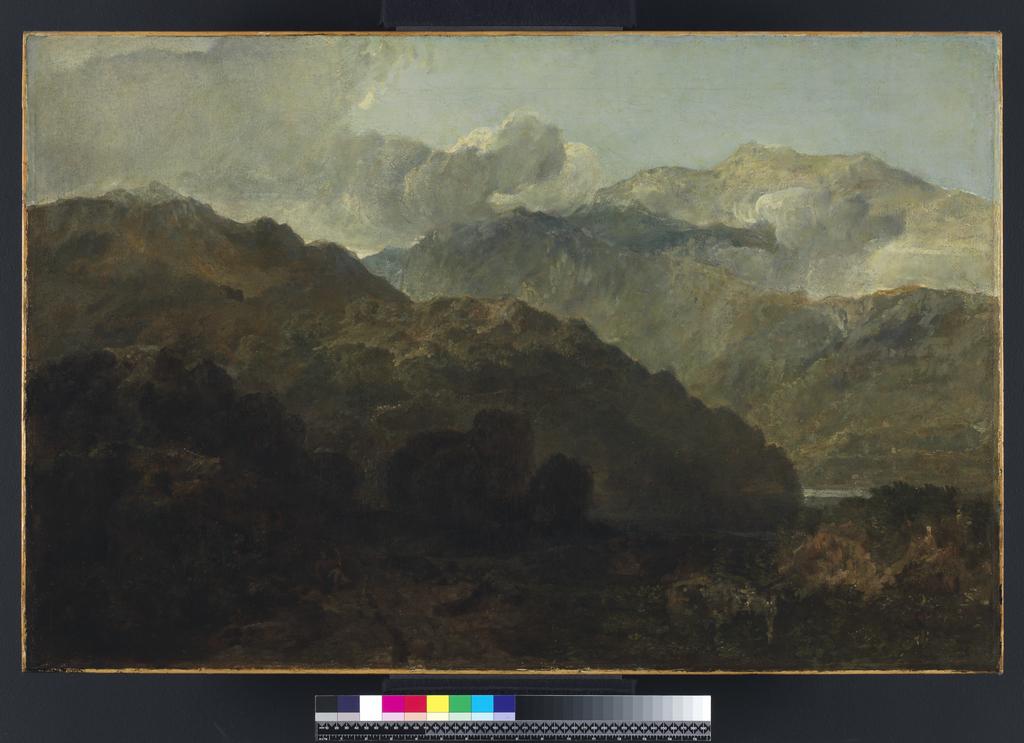 An image of Ben Lomond Mountains, Scotland: The Traveller - Vide Ossian's War of Caros. Turner, Joseph Mallord William (British, 1775-1851). Oil on canvas, height 64.1 cm, width 98.8 cm circa 1799 to 1800.