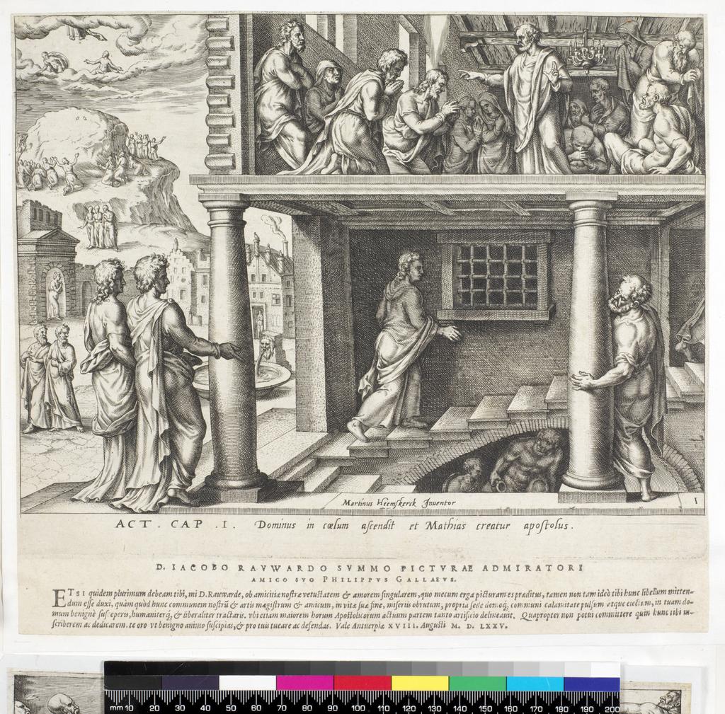 An image of Print Album. The return of the Apostles from Mount Olivet and the election of Matthias as Apostle. Galle, Philips (Netherlandish, 1537-1612). After Heemskerck, Maerten van (Netherlandish, 1498-1574). Engraving, 1575. Dutch. State I/III, printed with the letterpress dedication 'Etsi quidem plurimum...'. Part of Works of Heemskerck Volume 1, M.H-I.
