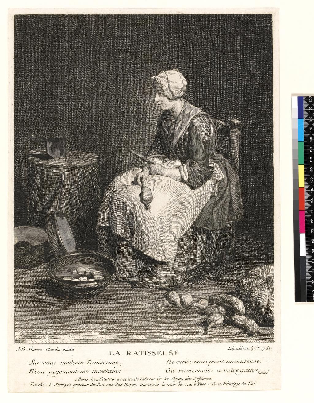 An image of La Ratisseuse. Lépicié, Bernard (printmaker); Surugue, Louis; Chardin, Jean Baptiste Simeon. Etching, engraving. 1742.
