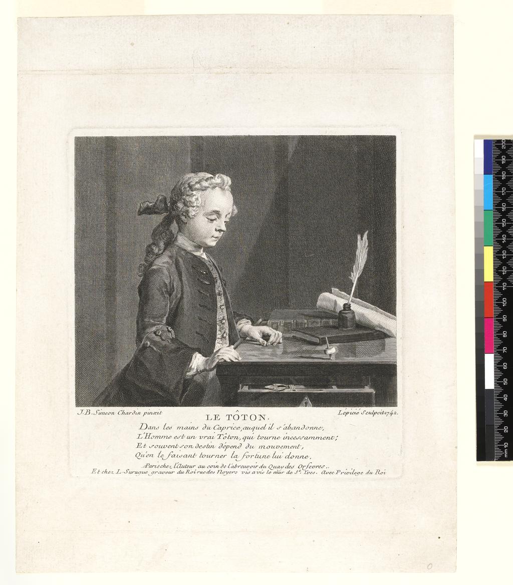 An image of Le Tôton, Portrait of Auguste-Gabriel Godefroy. Lépicié, Bernard (printmaker). After Chardin, Jean Baptiste Siméon. Surugue, Louis (publisher). Etching, engraving. 1742.
