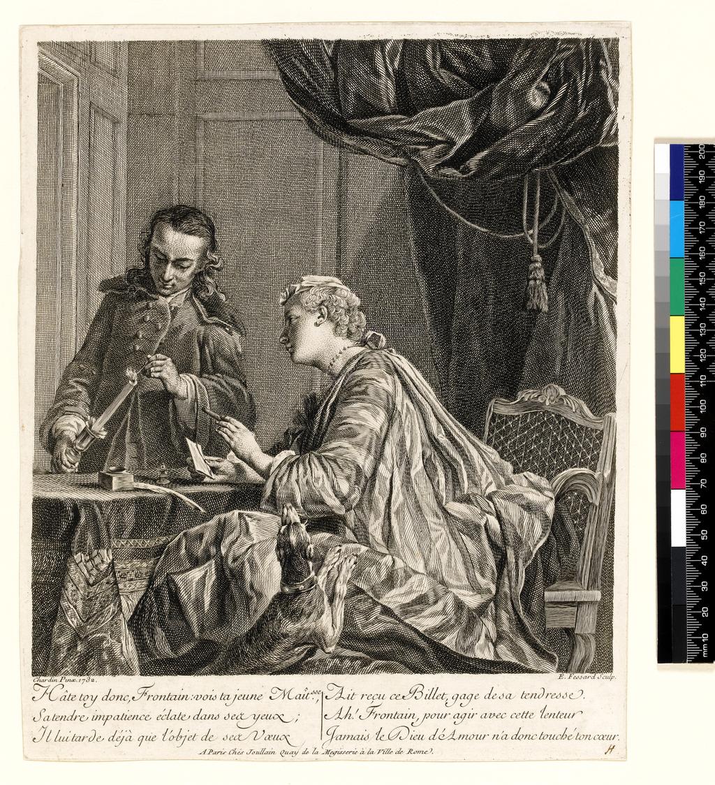 An image of Dame Cachetant une Lettre (Lady Sealing a Letter). Fessard, Étienne (printmaker; French). After Chardin, Jean Baptiste Siméon. Joullain, François (French artist/publisher). Etching, engraving. 1738.