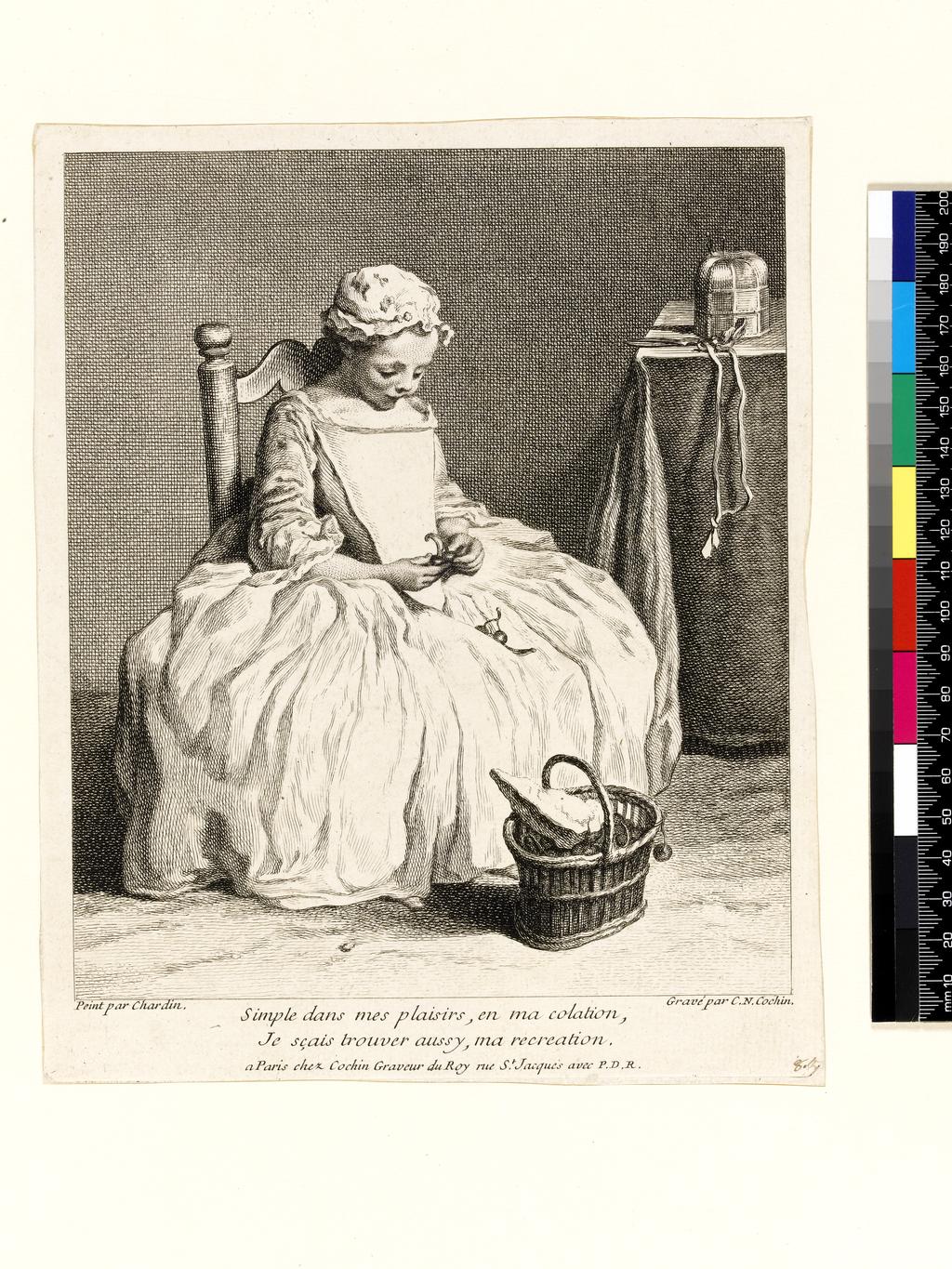 An image of Charles Nicolas Cochin I, after Jean Baptiste Siméon Chardin. La Petite Fille aux Cerises. Etching and engraving. 1738.