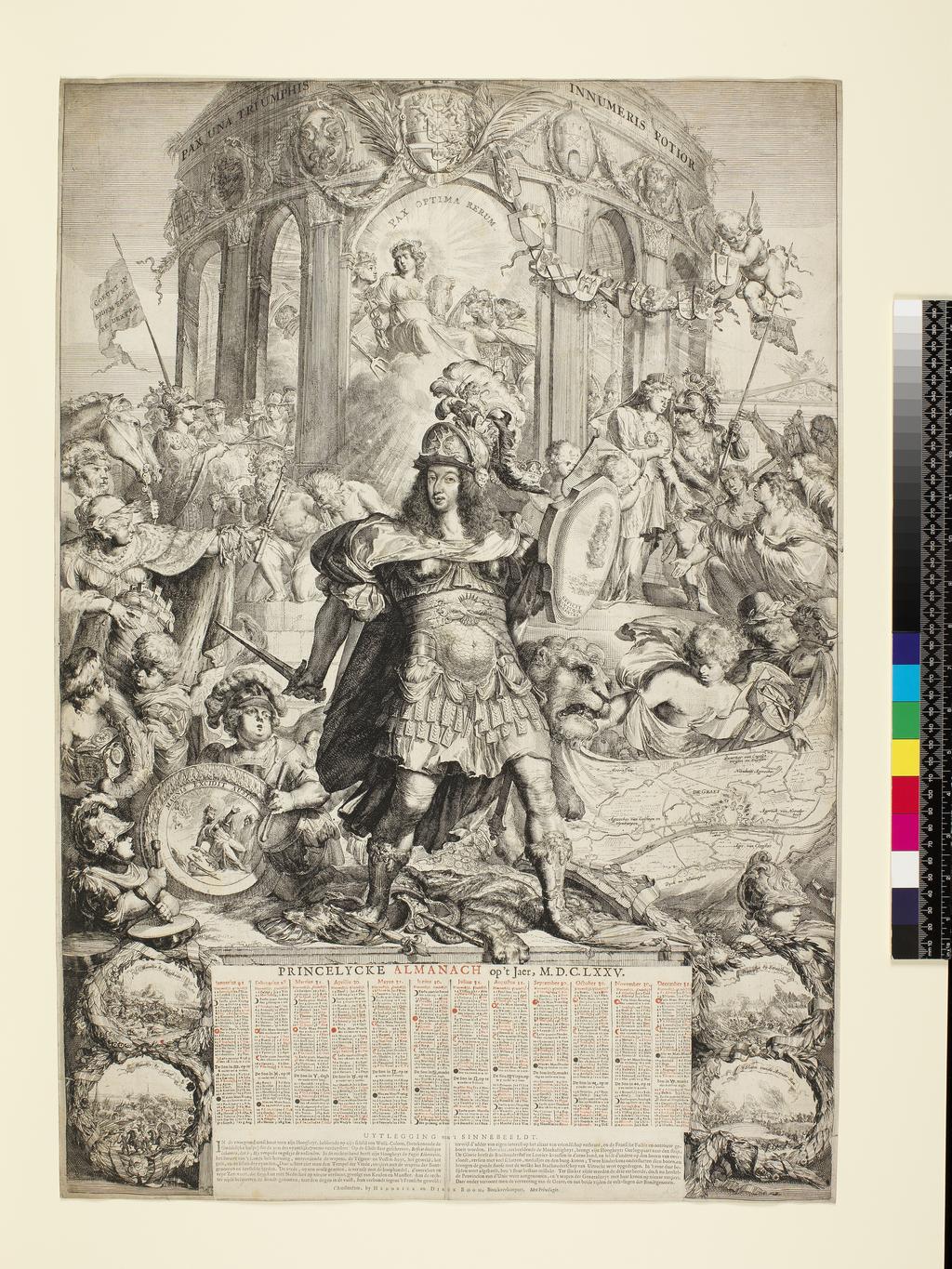 An image of Princelycke Almanach op't Jaer, MDCLXXV. Allegory with Pallas Athene in honour of Prince Willem III and his campaign 1673, with an almanac for the year 1675. Hooghe, Romeyn de (Dutch, 1645-1708). Etching, letterpress, colour printing (parts of the text). Black carbon ink on paper, height, sheet, 681 mm, width, sheet, 476 mm, 1675. Production Note: The almanach has been printed in black and red from letterpress on a slip of paper and pasted on the blank central lower part of the plate; below, on another slip with letterpress explanation of the allegory ('Uytlegging van't Sinnebeeldt') and the address of the publisher, Hendrick en Dirck Boom.