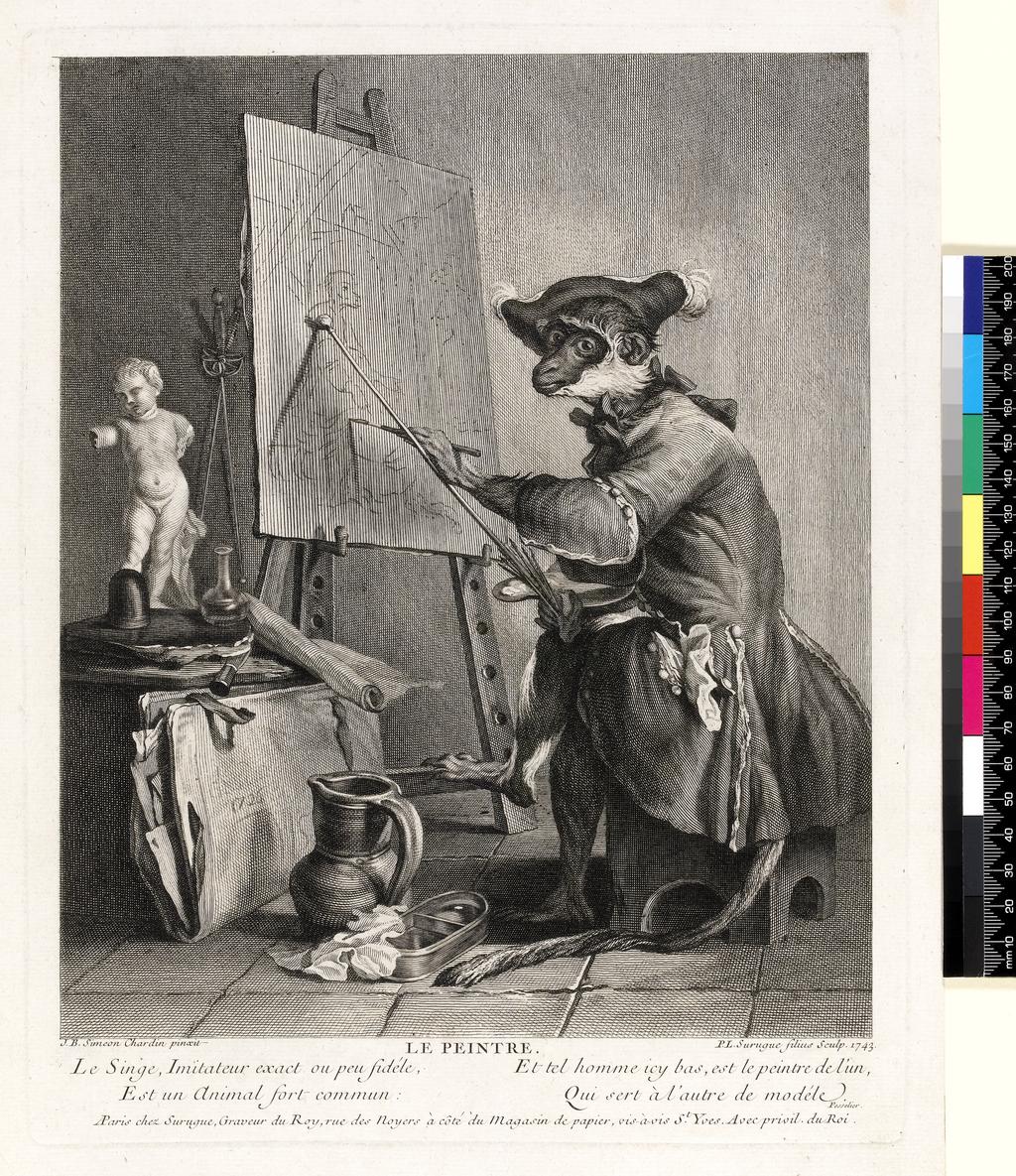 An image of Le Peintre. Le Singe Peintre. Surugue, Pierre-Louis de. After Chardin, Jean Baptiste Siméon. Etching, engraving. 1743.