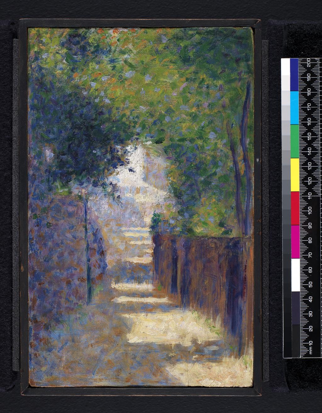 An image of The Rue St. Vincent, Paris, in Spring. Seurat, Georges Pierre (French, 1859-1891). Oil on panel, height 24.7cm, width 15.5cm, circa 1884.