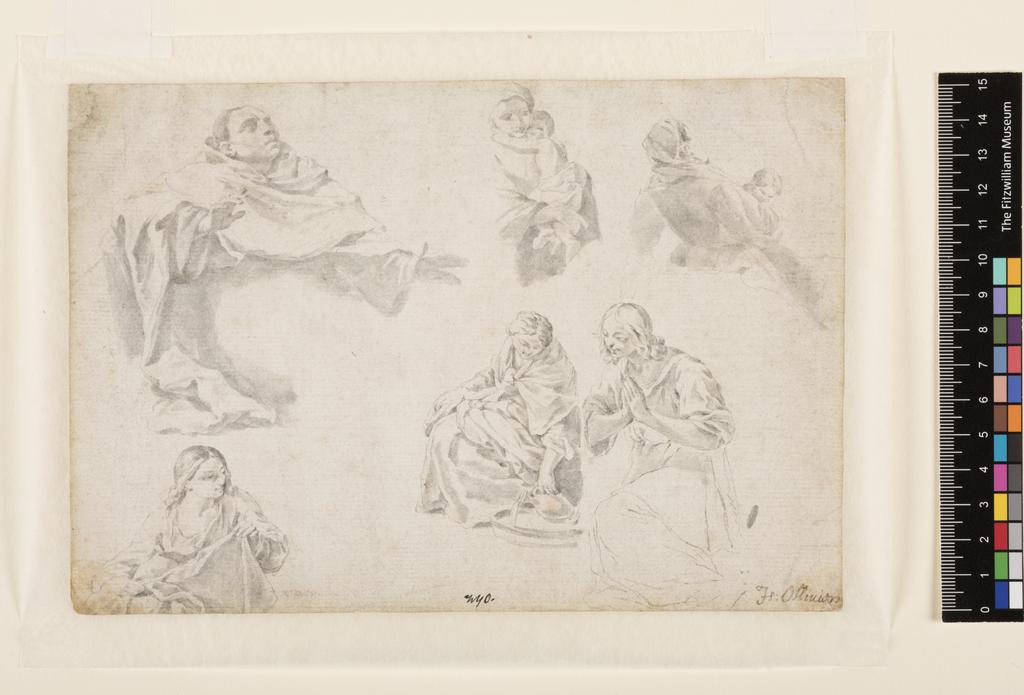 An image of Sheet of studies. Oliver, Isaac I (British, 1556(?)-1617). Grey wash on paper, height 153 mm, width 223 mm
