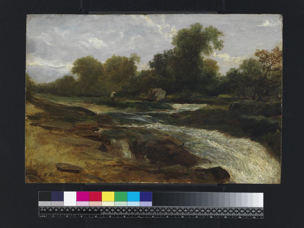 An image of River landscape with an angler. Müller, William James (British, 1812-1845). Oil on millboard on wood, height 30.2 cm, width 45.5 cm, 1842.