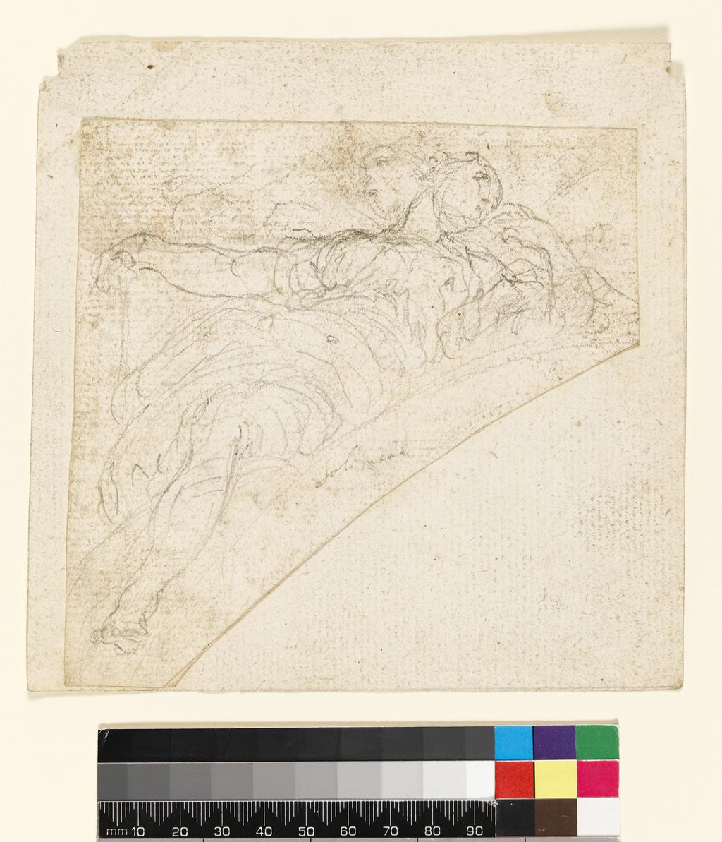 An image of Title/s: Study for a female figure in a spandrel Maker/s: Solimena, Francesco (draughtsman) [ULAN info: Italian artist, 1657-1747]Production Notes: A study for the female figure in the upper left spandrel of 'The Landing of the Ashes of St. John the Baptist at Genoa' (1715-17), formerly in the Senate, Genoa, destroyed by fire Technique Description: graphite on paper Dimensions: height: 234 mm, width: 233 mm