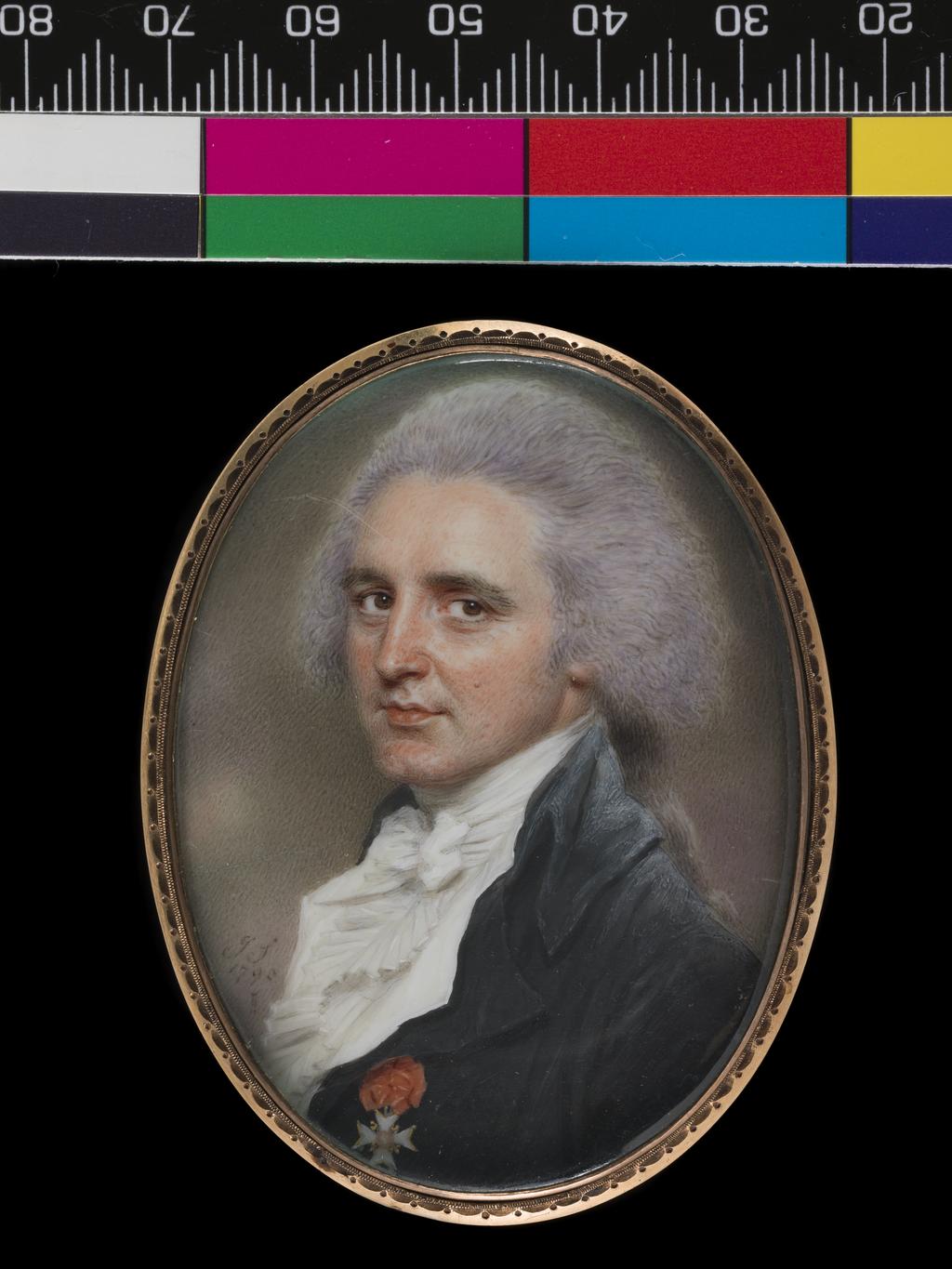 An image of An unknown man, presumably an émigré, wearing the Cross of St Louis. Smart, John (British, 1741-1811). Watercolour on ivory, height 58 mm, width 44 mm, 1790. Production Place: India.